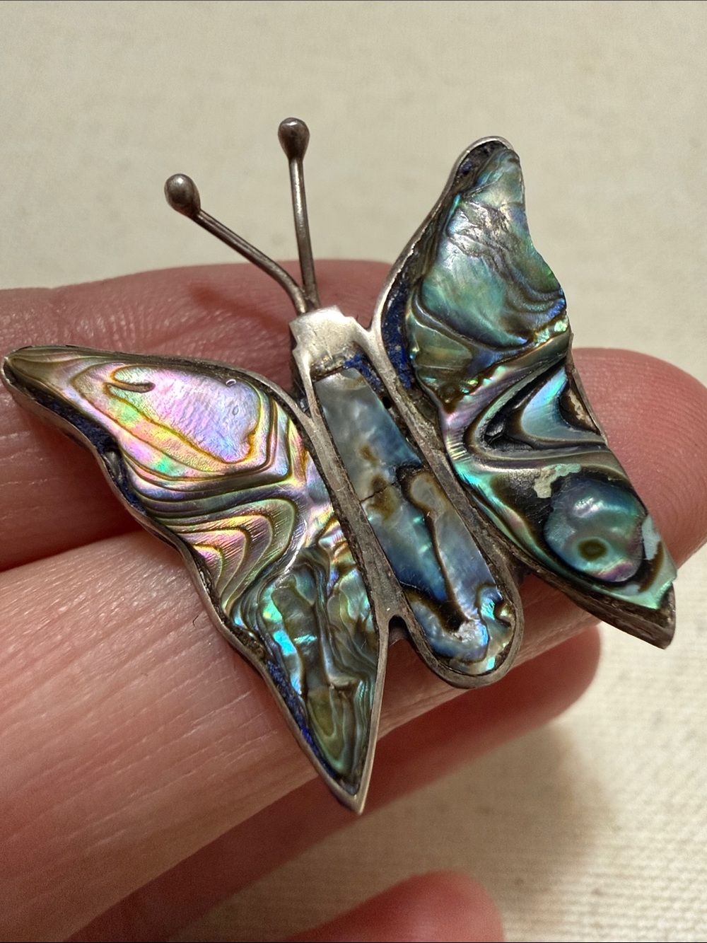 Stunning Sterling Silver 925 Mexico Butterfly Abalone Shell Brooch Iridescent